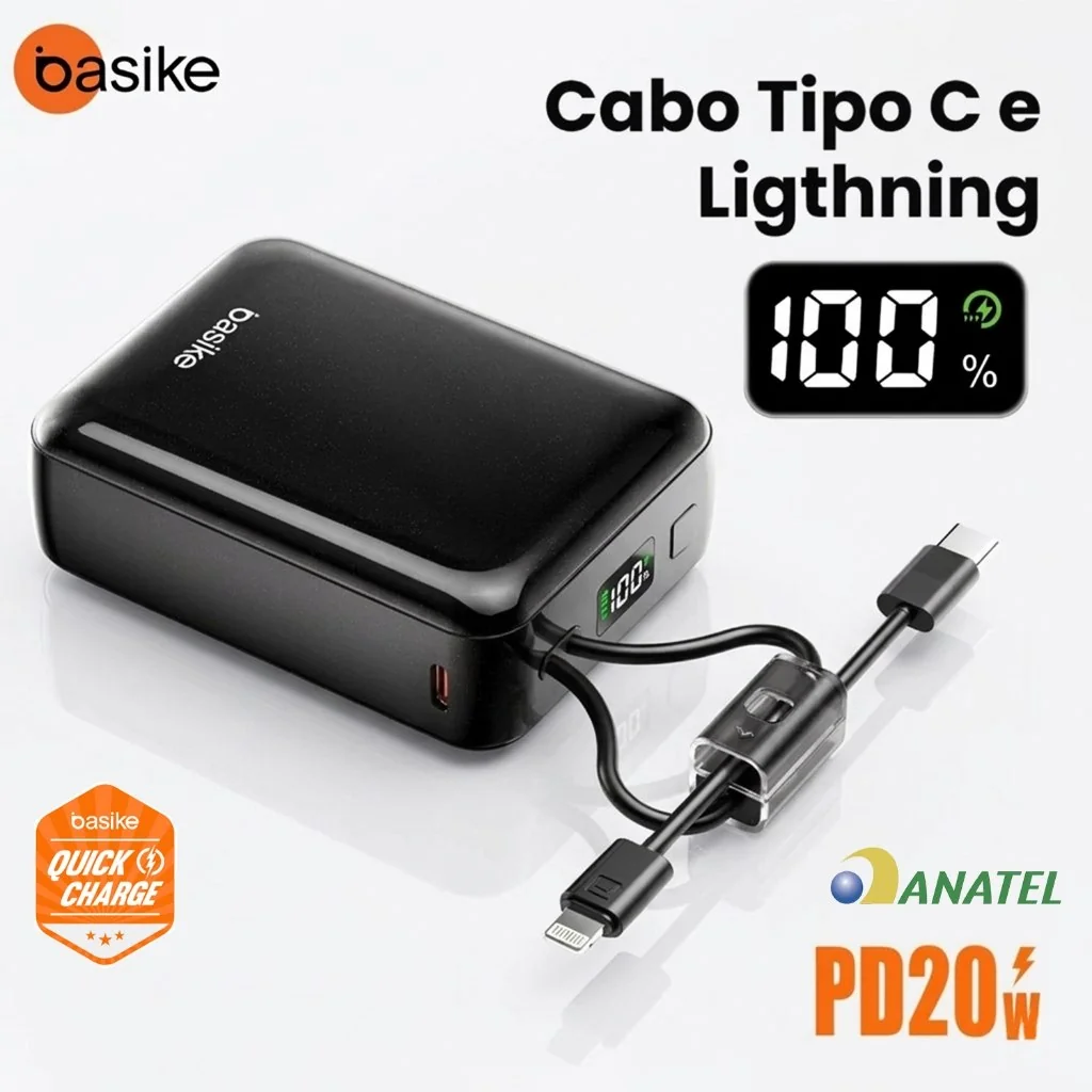 Carregador Portátil Power Bank Basike 20000mAh Turbo 20W Carga Rápida Cabo Embutido Visor LED Digital Leve