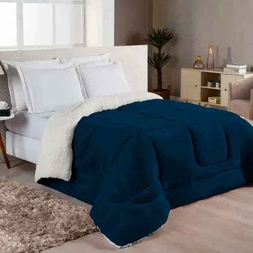 Edredom Sherpa Cobertor E Coberdrom Casal Queen Grosso Cores Azul-marinho Lisa