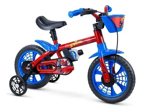 Bicicleta Infantil Aro 12 Nathor Spider-man Com Rodinhas E Freio Tambor Vermelho/celeste/preto