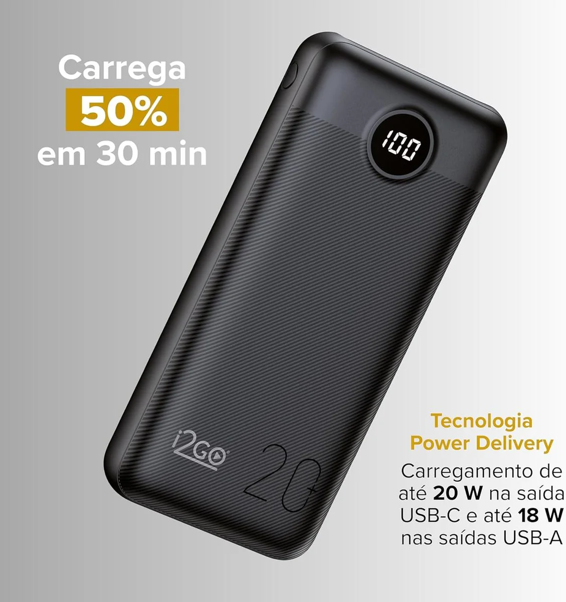 🚀 I2GO, Carregador Portátil (Power Bank) Ultra Rápido 20000mAh, Power Delivery 20W, 2 Saídas USB + 1 Saída/Entrada USB-C, Preto, i2GO PRO