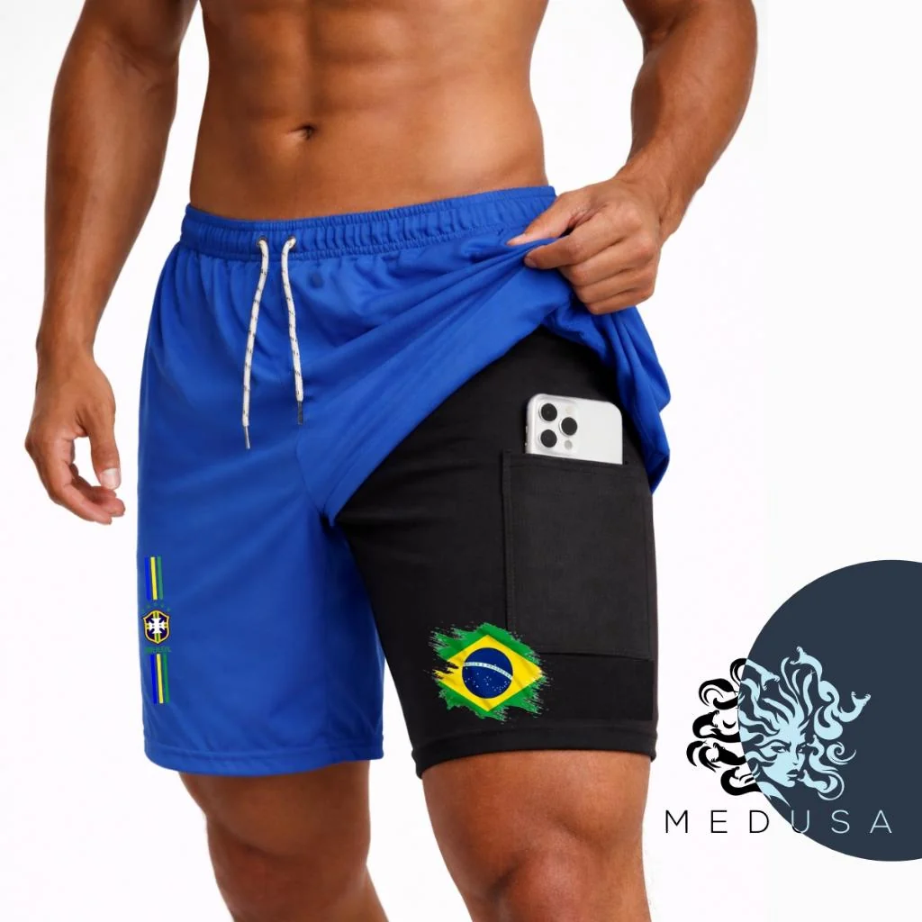 Bermuda Compressão 2em1 BRASIL 02 Masculina DryFit Elastano Shopee