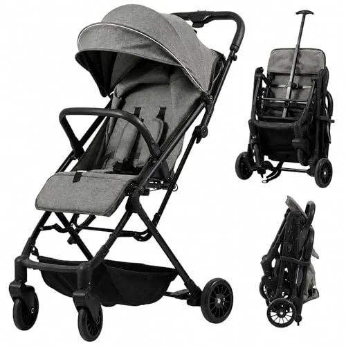 PIPDIP Carrinho de bebê 3 em 1, Reclinável a180 graus, Porta Copos, Cesto Inferior, Dobrável, Compacto, Sistema de Trava de Freio, Tecido 300D, Cinza.
