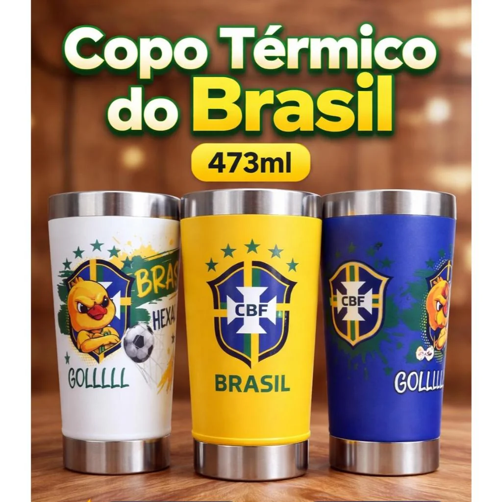 Copo Termico 473ml Personalizado Brasil Com Abridor integrado e Tampa - Tema Copa do Mundo Shopee