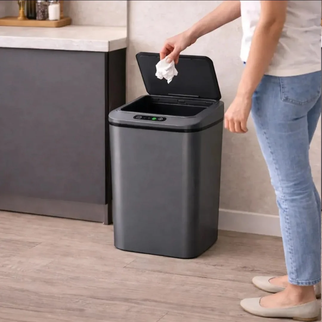 Lixeira Inteligente Sensor Automático 16l Cinza Smart Recarregável Para Banheiro E Cozinha