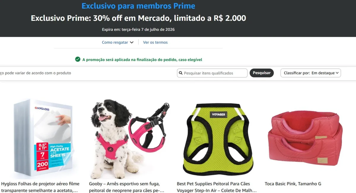 Exclusivo Prime: 30% off em Mercado, limitado a R$ 2.000