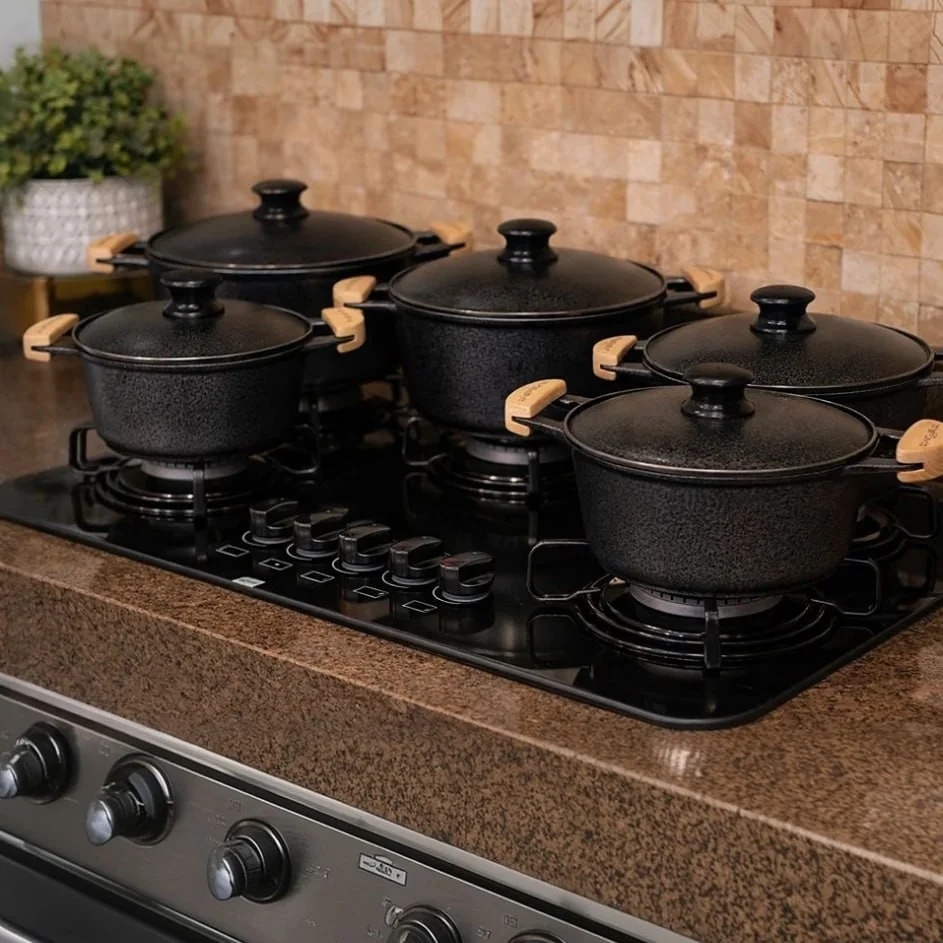 Jogo De Panela Alumínio Fundido Batido Grosso Preto 5 Peças