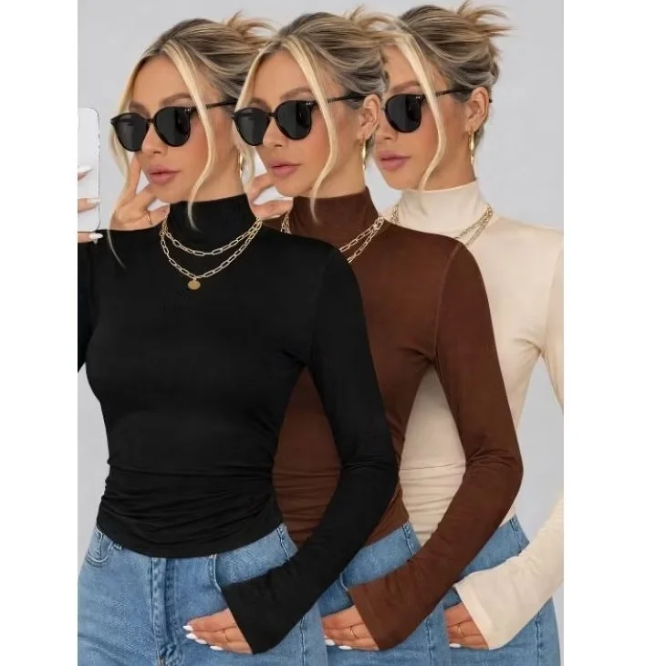 KIT 3 Blusas Feminina Manga Longa Gola Alta Cacharrel Segunda Pele Shopee