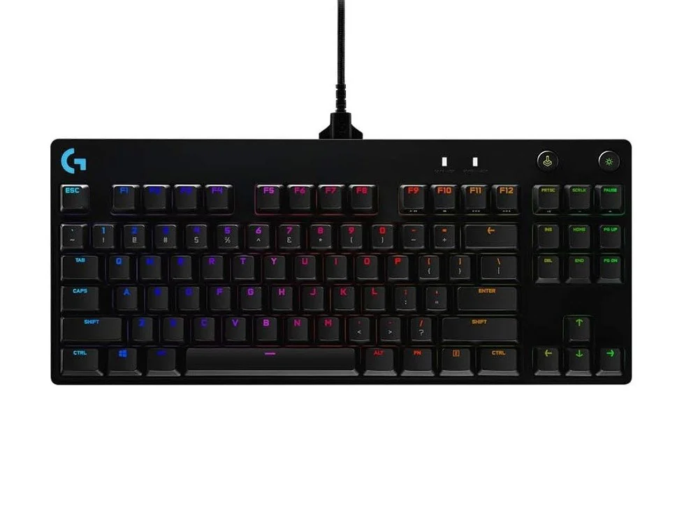 Teclado Mecânico Gamer Logitech G PRO com Layout US, RGB LIGHTSYNC, Design TKL, Cabo Destacável e Switch Exclusivo GX Blue Clicky