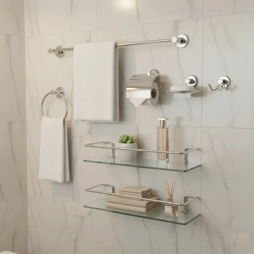 Kit Acessórios Banheiro Inox 5peças + 1 Porta Shampoo Reto Cor Prateado