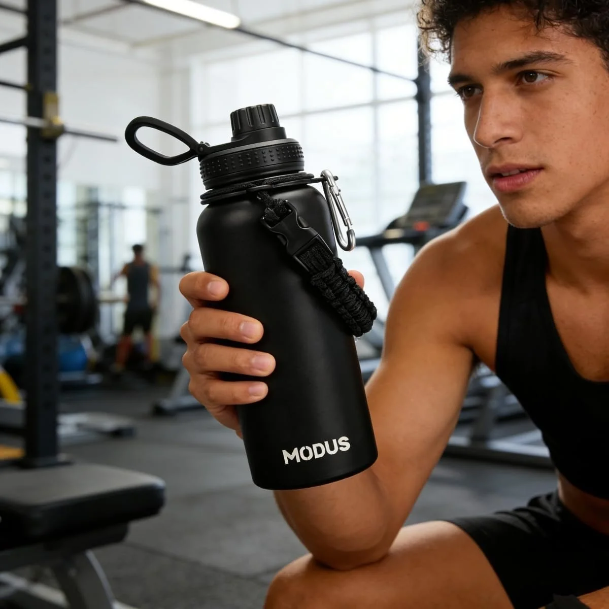 🔥 PARCELADO! MODUS 950mL Garrafa Térmica Aço Inoxidável Com Alça Paracord (Preto)