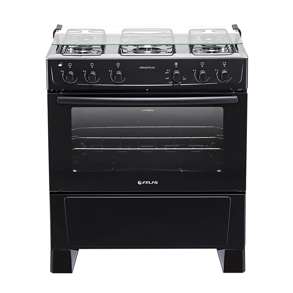 Fogão 5 Bocas Atlas Mônaco Plus com Mesa Inox e Acendimento Automático Preto Bivolt