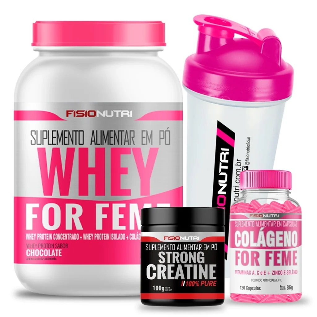 Kit Whey Feminino + Colágeno Cápsula + Creatina 100% Pura + Coqueteleira Fisionutri Shopee