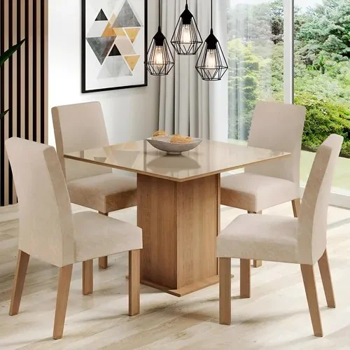 Sala Jantar Madesa Evelin Mesa Tampo Vidro Com 4 Cadeiras Cor Rustic/crema/imperial Desenho Do Tecido Das Cadeiras Liso