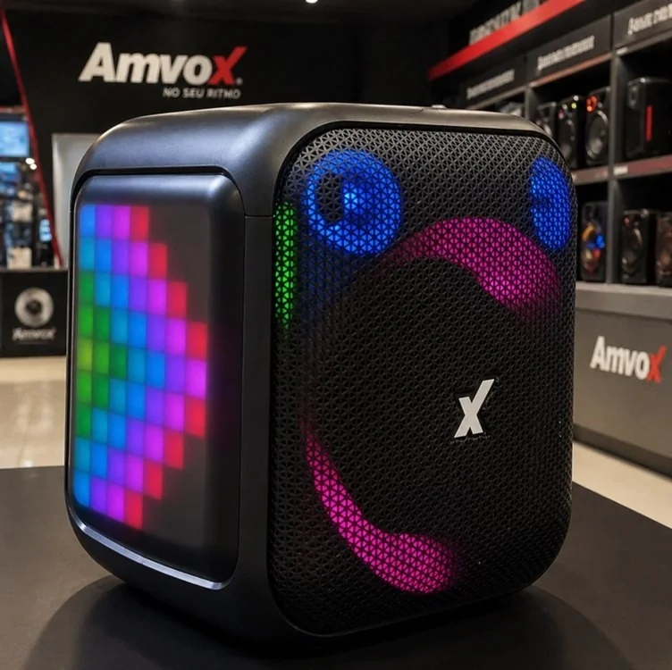 Amvox Caixa de Som Amplificada ACA 410 NEON – 410W RMS, Woofer de 6”, Bluetooth, Iluminação LED, Equalizador, Entrada USB/TF, Bateria de até 4h