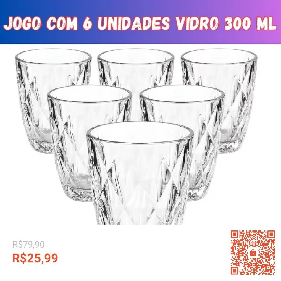 Jogo 6 Copos Baixos Diamond 300ml Vidro Grosso Diamante Luxo
