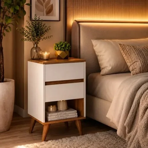 Mesa De Cabeceira Criado-mudor Retro Com 2 Gavetas P Quarto Fosco Branco/freijó
