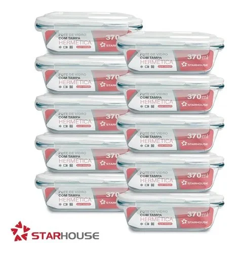 Kit 10 Potes Vidro 370ml Hermético Marmita Forno Refratário Star House Transparente