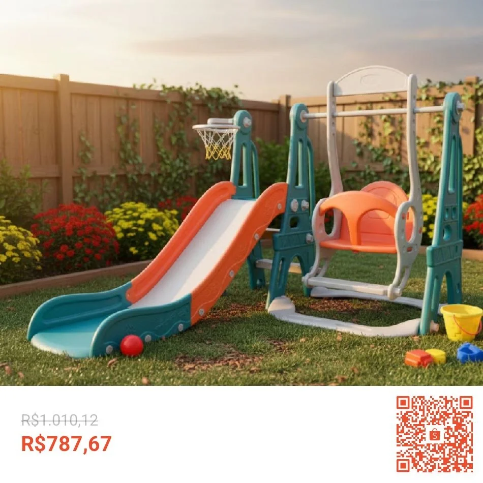 Playground Infantil 3x1 Com Escorregador, Balanço E Cesta De Basquete Ideal Para Crianças A Partir De 3 Anos