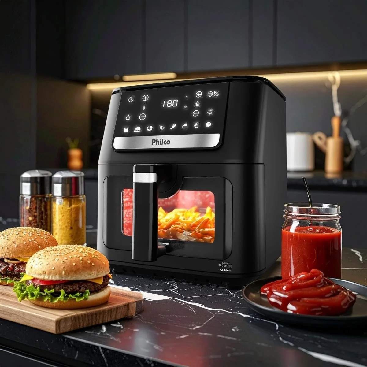 Air Fryer Philco 9,5l Visor Glass Redstone 1800w Paf95a Preto Com Acabamento Inox 127v