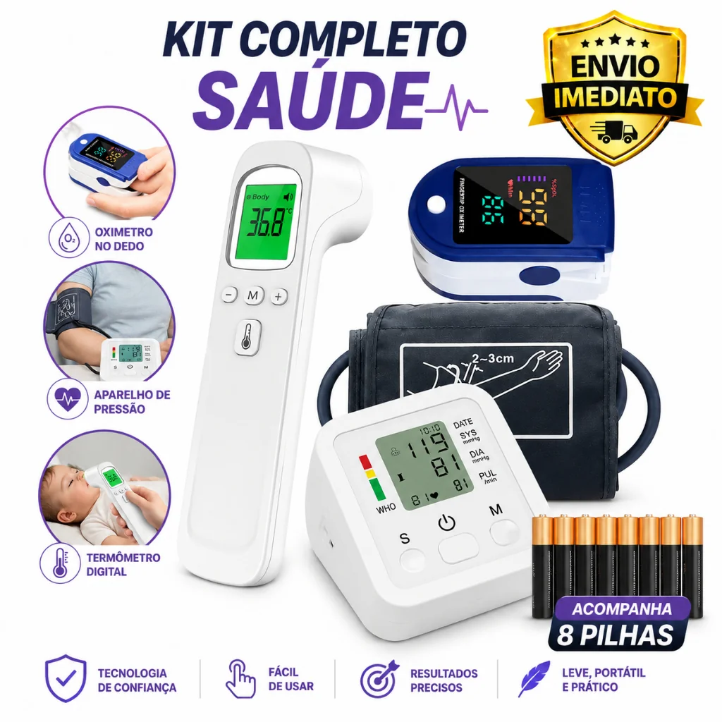 Medidor de Pressão Digital + Oxímetro de Dedo + Termômetro Infravermelho Sem Contato Shopee