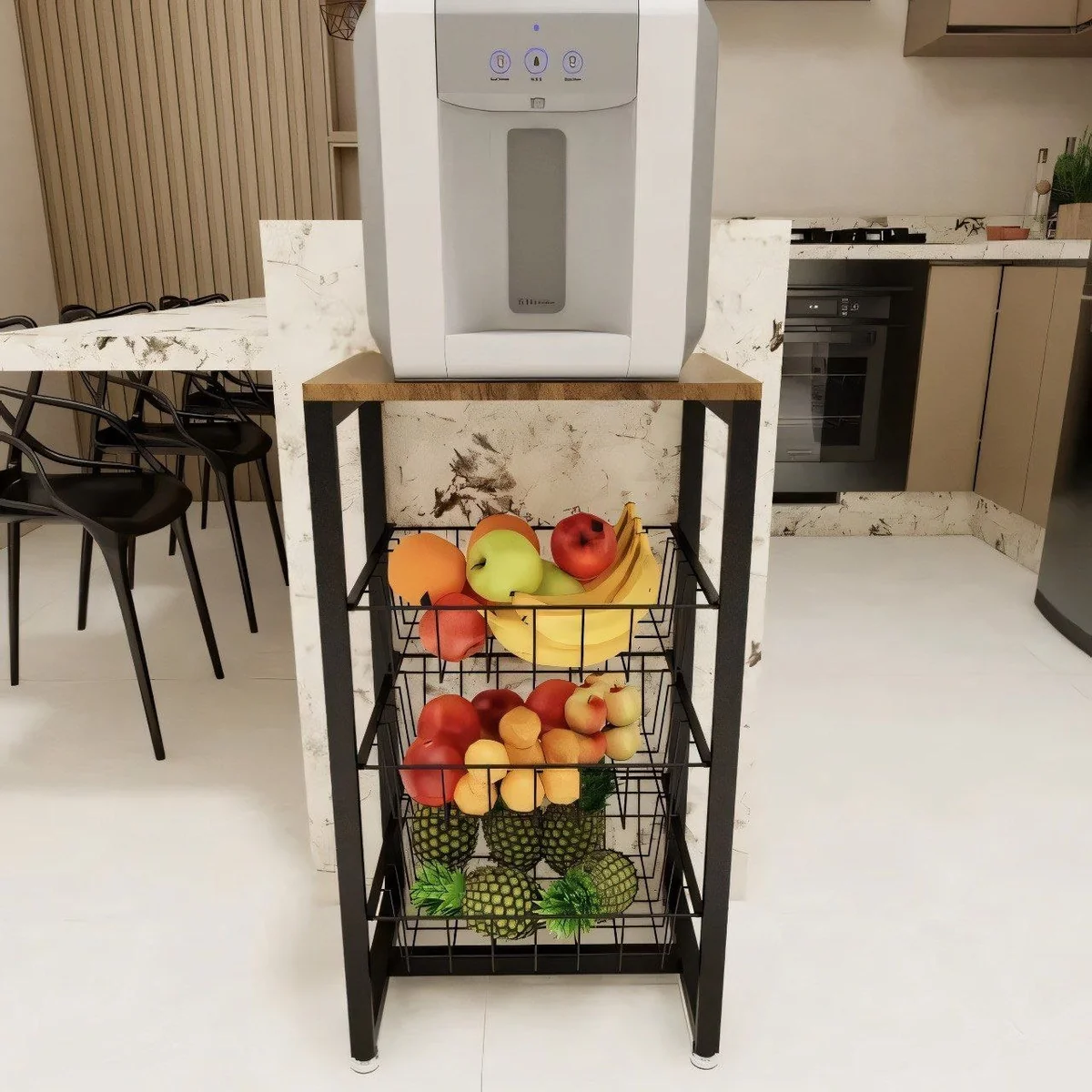 🚀 Fruteira De Chão Em Aço Cozinha Suporte Bebedouro Amadeirado Cor Preto/amadeirado