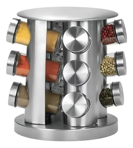 🚀 Porta-tempero Giratório Inox Futuro Casa Com 12 Potes Vidro De 80ml