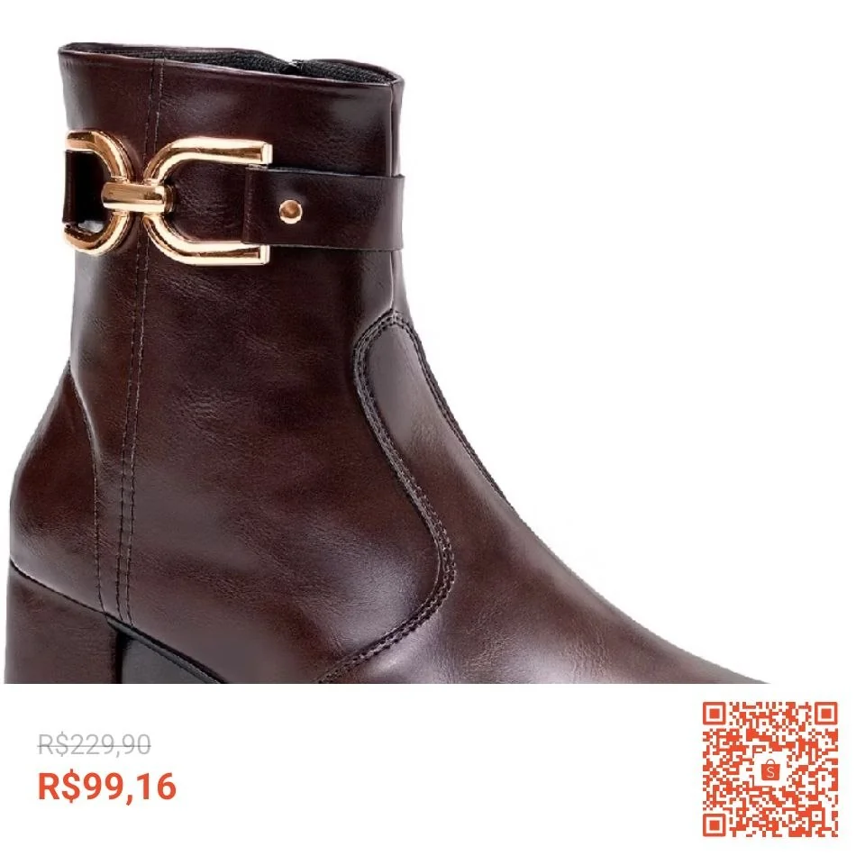 Bota Feminina Lumiss Bico Fino Salto Médio Bloco Cano Curto Fivela Dourada