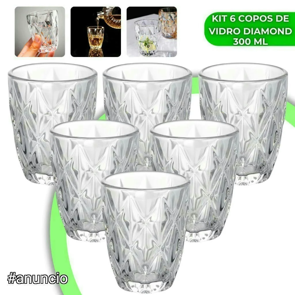 Jogo 6 Copos Diamond 300ml Vidro Grosso Diamante Luxo Resistente Transparente Elegante Moderno