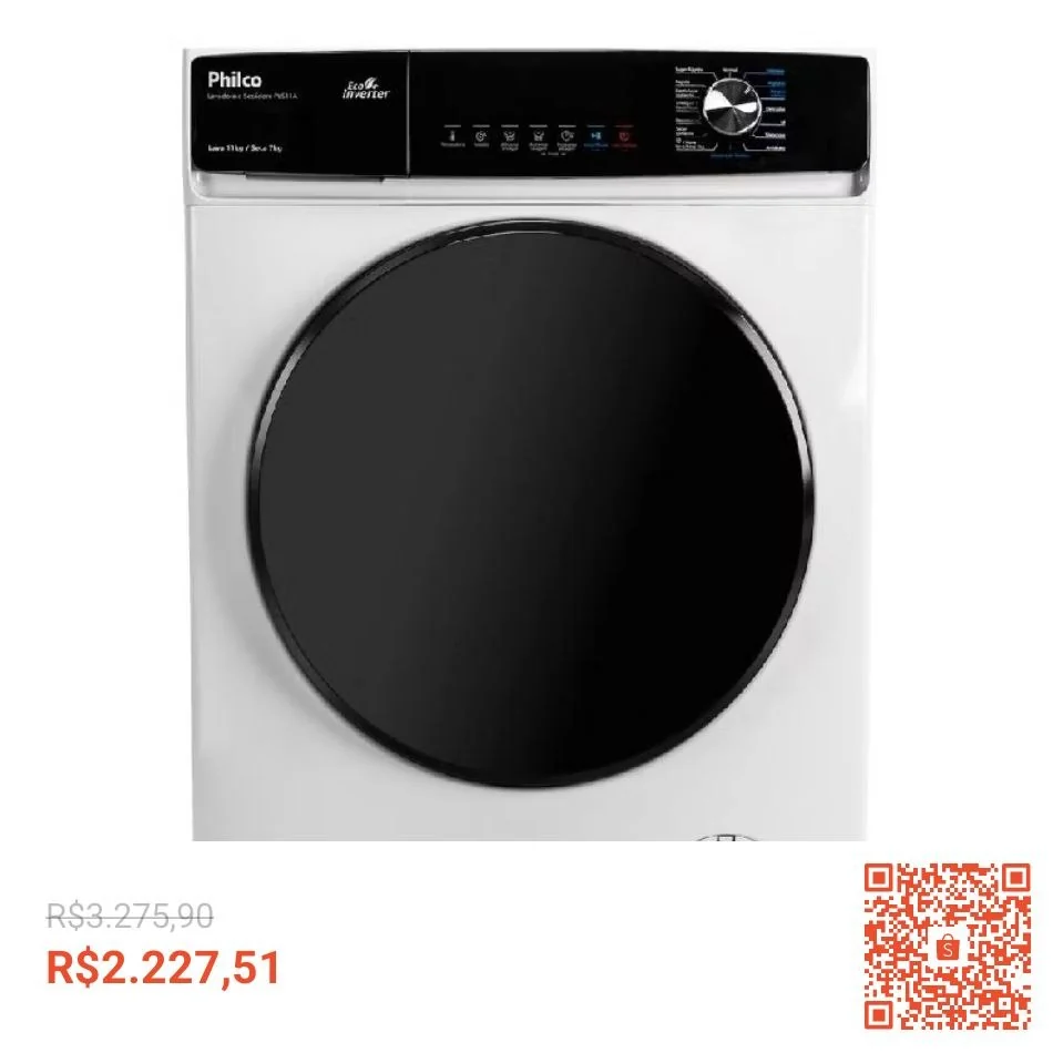 Lava e Seca Philco 11kg Pls11a Eco Invertplus 16 Programas Lavagem Branca