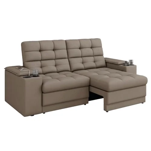 Sofá Retrátil e Reclinável 2,05m 3 Lugares Com Porta Copos Entrada USB Kansas Veludo Cinza Luizzi (Cappuccino)
