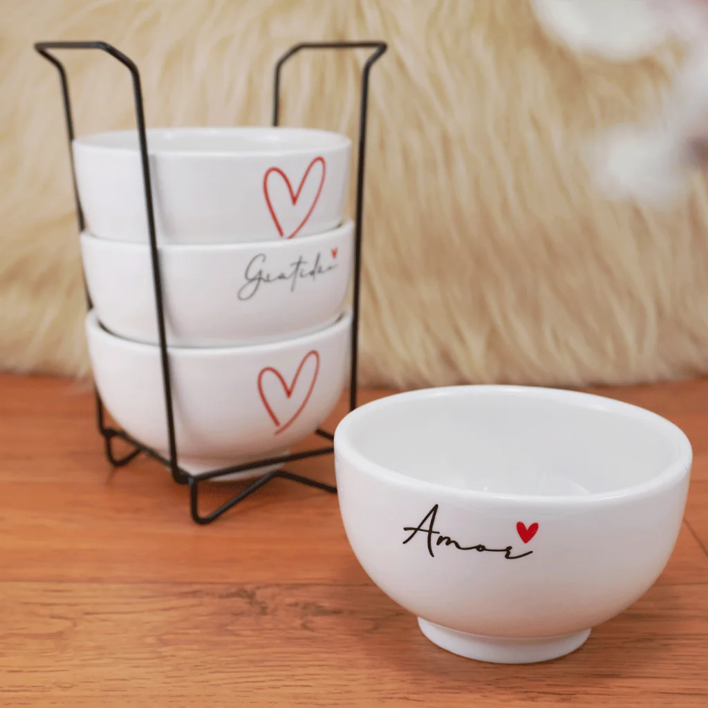 Kit Jogo 4  Bowl Tigelas Porcelana Cumbuca Sopa Açaí Decorada Amor Gratidão + Suporte Shopee