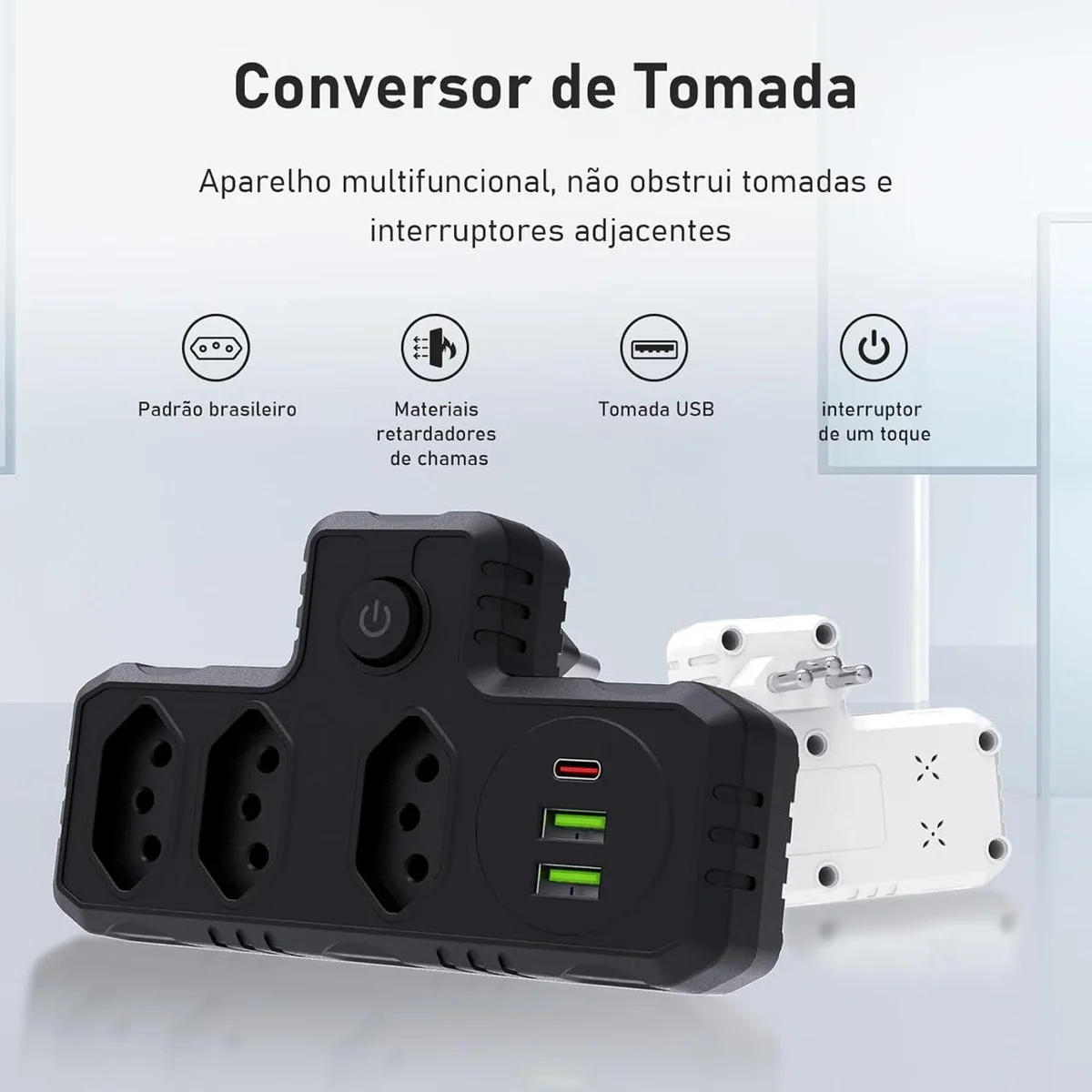 🔥 PARCELADO! Extensão Tomada, Régua Tomada, Régua de Energia, Adaptador Tomada, 3 Tomadas, 2 Interfaces USB, 1 Porta USB Tipo-C (Branco)