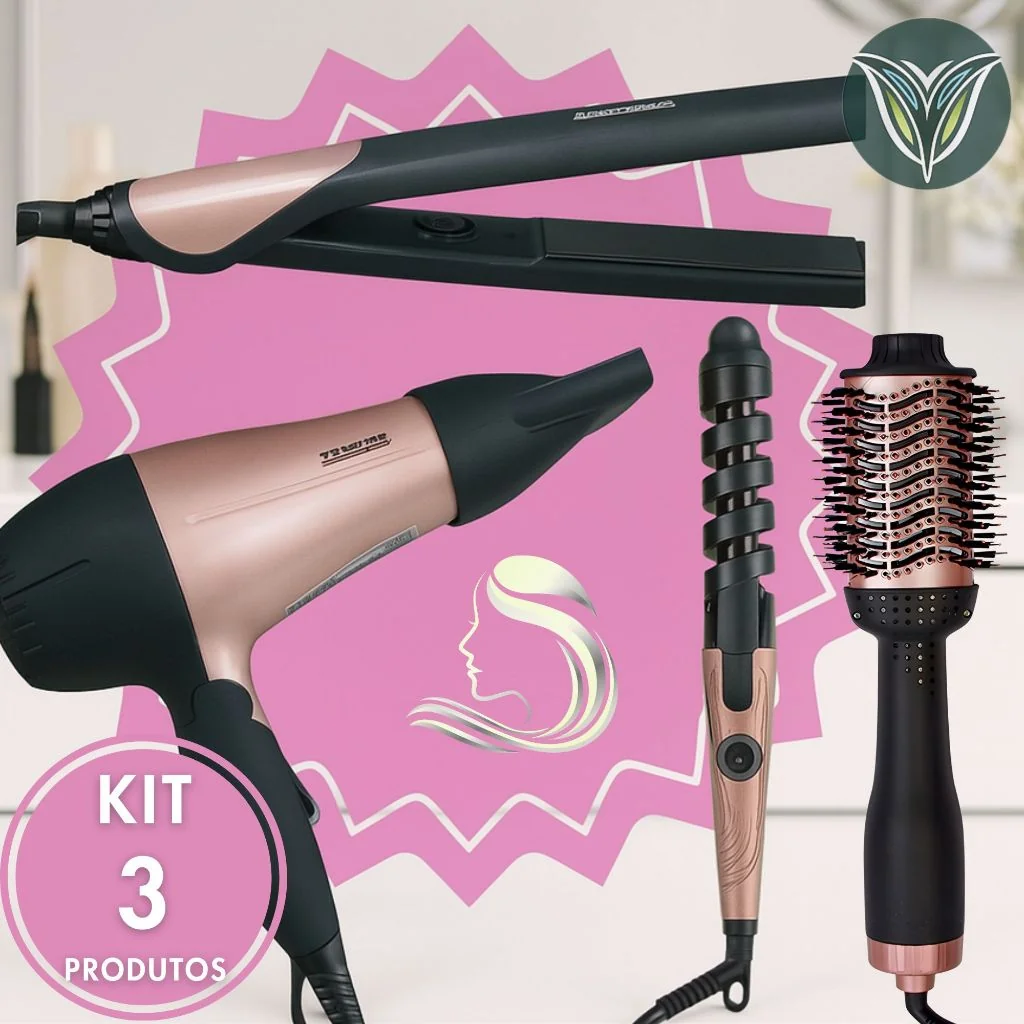 KIT 3 Escova Secadora + Secador de Cabelo Portátil + Modelador de Cachos + Chapinha Profissional Rosa Potente Qualidade Shopee