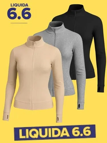 Kit 03 Casaquinho Jaqueta Feminino Treino Academia Yoga Preto - Cinza - Nude M