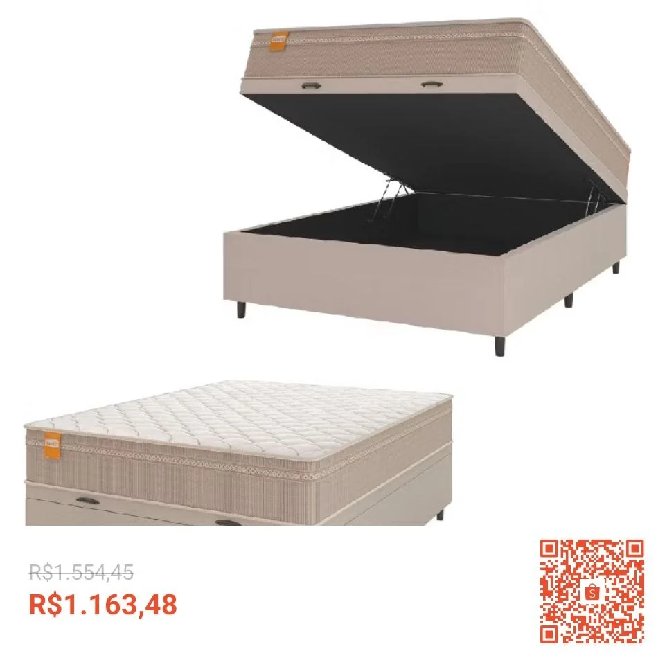 Cama Box Baú Casal Colchão Molas Qatar 138x188x63cm Bege/Branco Inducol - Suporta Até 200 Kg Por Pessoa
