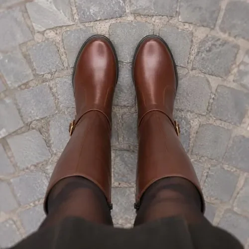 Bota Feminina Montaria Cano Longo Bico Redondo Salto Bloco
