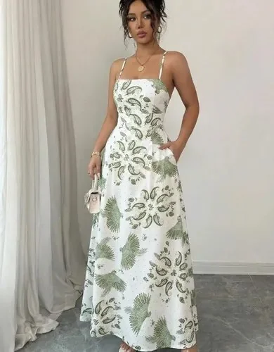 Vestido Feminino Longo Alça Fina Estampado Detalhe Bolsos Branco/verde Único