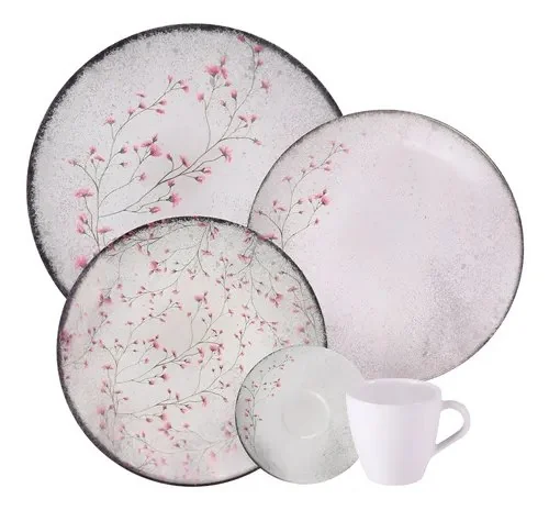 Aparelho De Jantar Tramontina Floralis Porcelana 20 Peças Cinza Florido