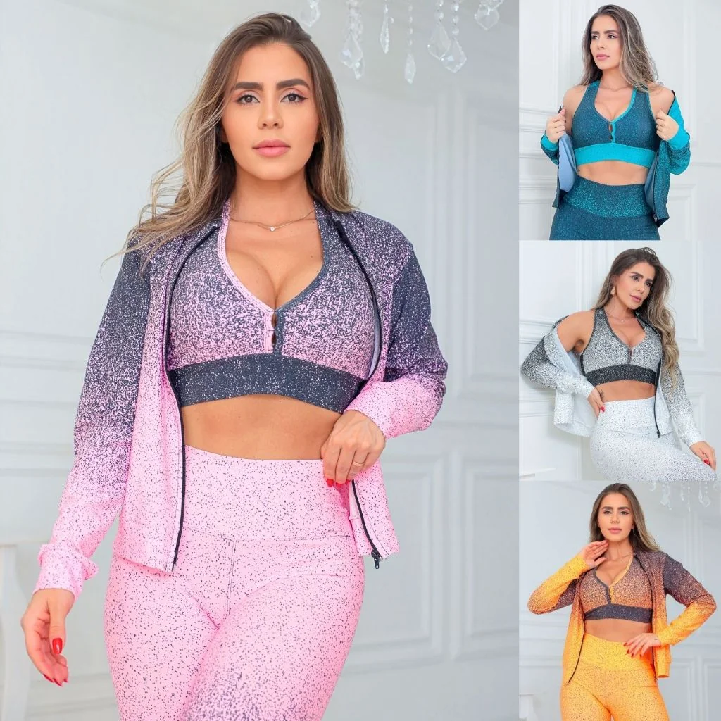 Conjunto Trio Fitness Feminino em Degradê com Casaco Bomber Calça Legging e Top com Bojo Removível Shopee