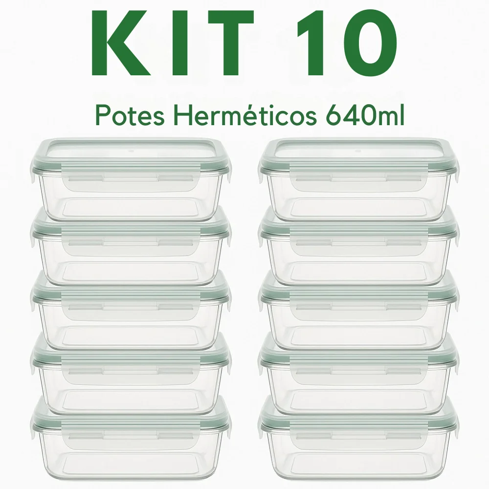 KIT 10 POTES HERMETICOS VIDRO 4 TRAVAS CONJUNTO MARMITA ALIMENTO ANTI-VAZAMENTO 640ML PREMIUM Shopee