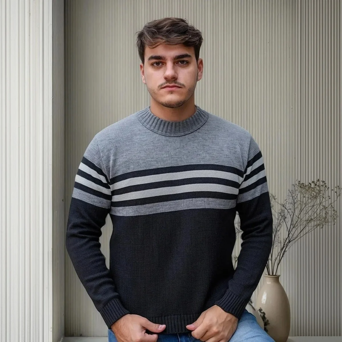 Suéter Blusa De Tricot Masculino Listrado Blusa Lã Masculina