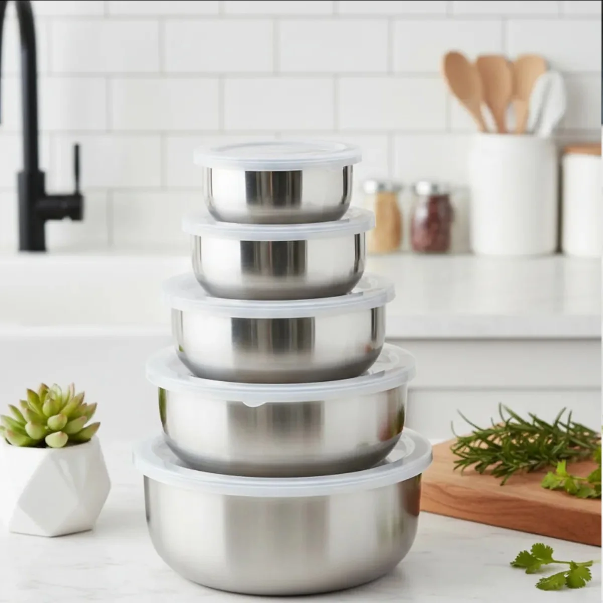 Conjunto De 5 Potes Em Aço Inox C Tampa Hermetico P Alimento Prateado