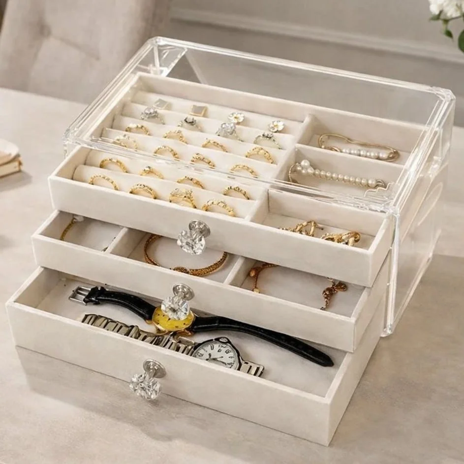Porta Joias Caixa Organizadora Luxo Para Jóias De Acrílico Com 3 Gavetas, Organizer Suas Bijuterias, Aneis, Correntes, Brincos, Colares Cor Bege - House Organizer