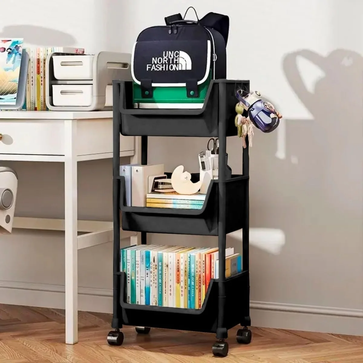 Carrinho Organizador Multiuso 3 Prateleiras com Rodinhas para Cozinha Banheiro Salão Manicure Cabeleireiro (Preto)
