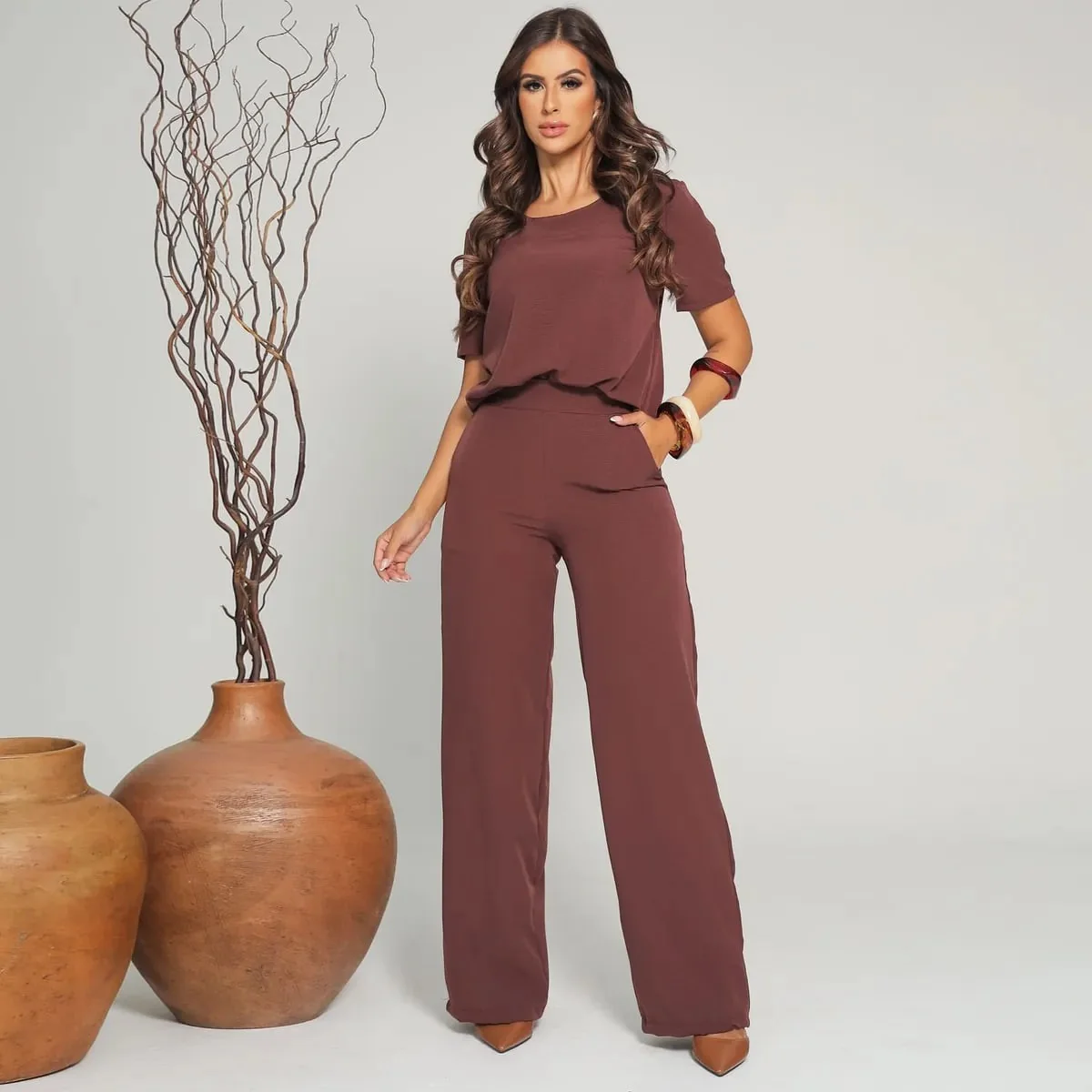 Conjunto Feminino Social Calça Pantalona E Blusa Soltinha