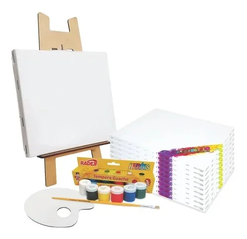 Kit 5 Telas P/ Pintura 30x40 + Cavalete + 06 Tintas + Pincel