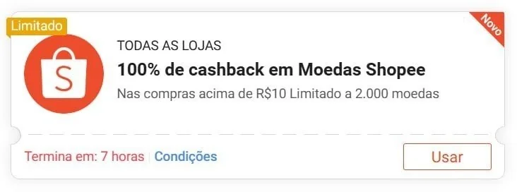 Cupom 100% Cashback Moedas Shopee