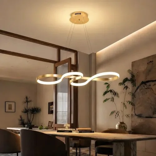 Lustre Pendente Led Moderno Dourado Ondulado, Luminaria Led Decorativa Para Sala E Quarto, Design Sofisticado, Iluminação Elegante, Lustre Sala, Luminarias Modernas, Tieesa D001 Dourado 127/220v