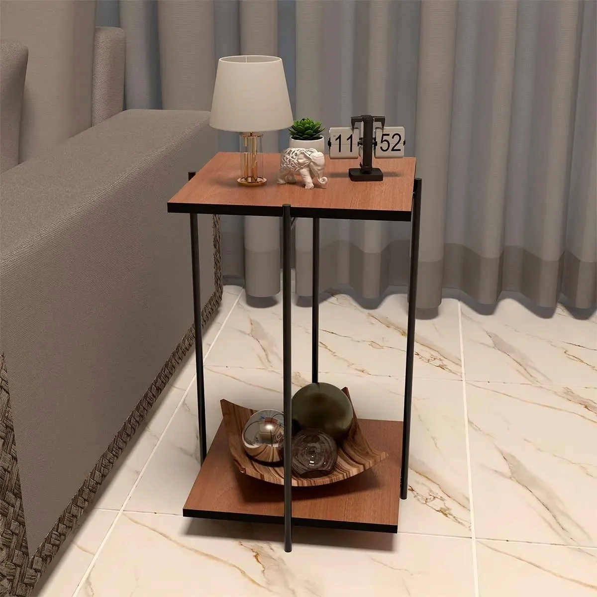 Mesinha Lateral Alta Tampo Duplo Estilo Industrial Pé Ferro Cor Freijó Liso