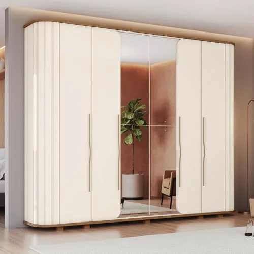 Guarda-roupa Casal Premium Cantos Arredondados com Ripado 6 Portas com Amortecimento 6 Gavetas com U Off White/Nature